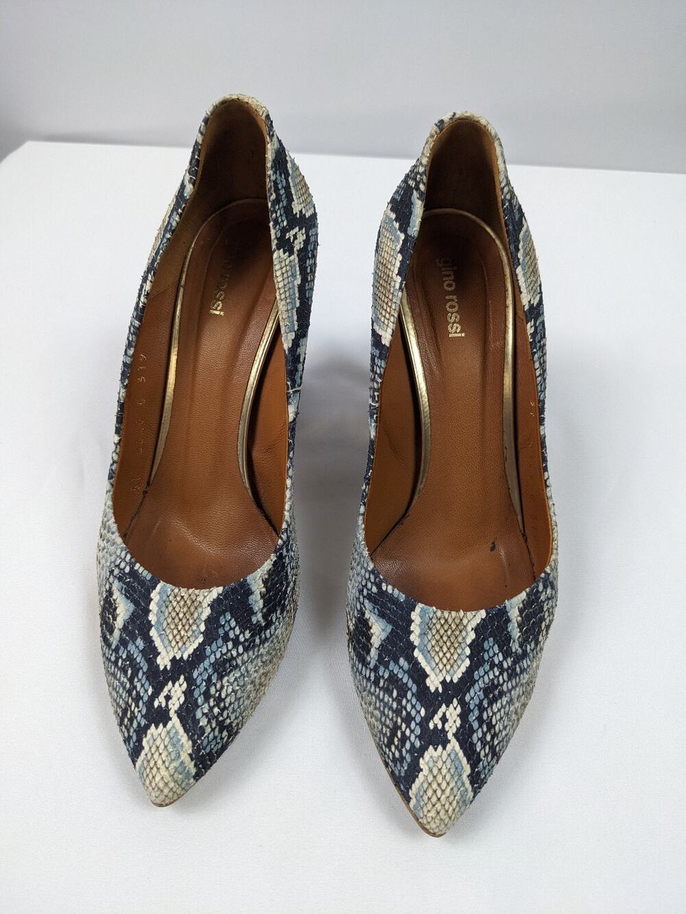 Gino Rossi Lavorazione Artigiana Heels Black Blue Snakeskin Leather 37 Gold